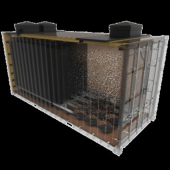 Cutaway render of a Biocell Water containerized treatment plant showing internal tankage and aeration media