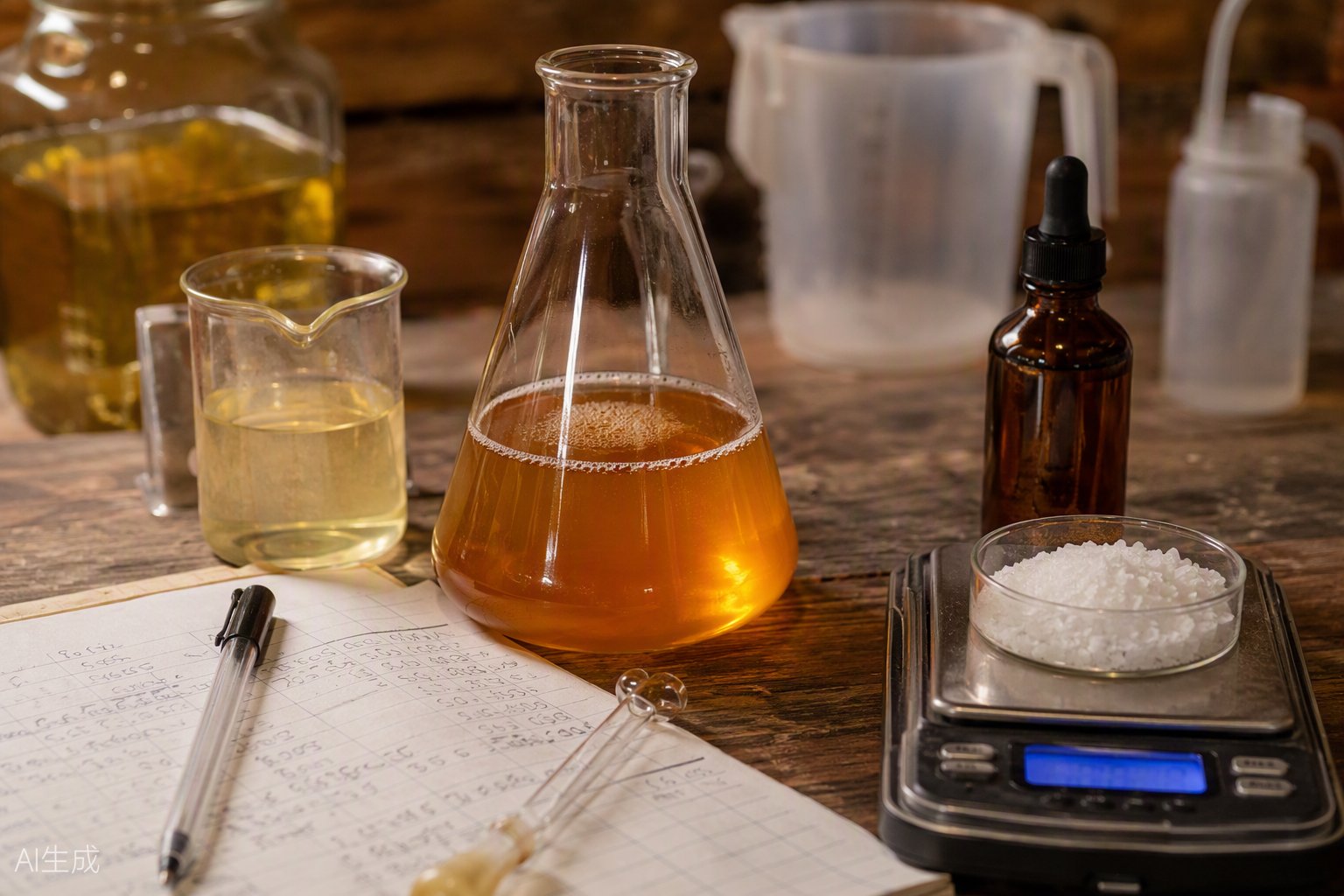 Biodiesel glassware on a workbench: flask of amber biodiesel, beakers, dropper bottle and a pocket scale weighing catalyst flakes