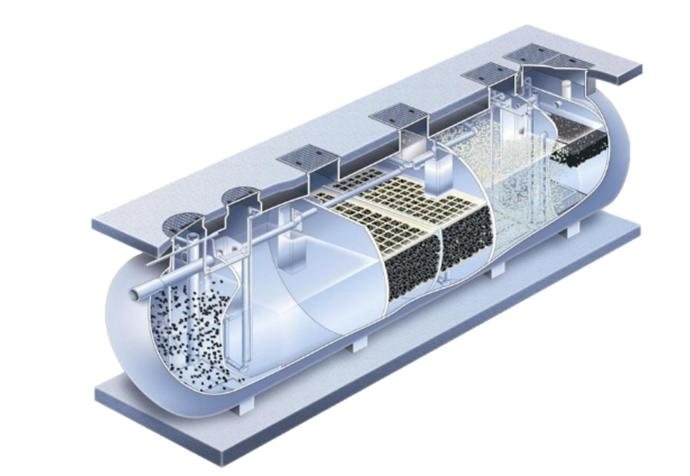 Cutaway of a Fuji Clean FRP treatment tank showing contact-aeration media beds, sedimentation and disinfection chambers