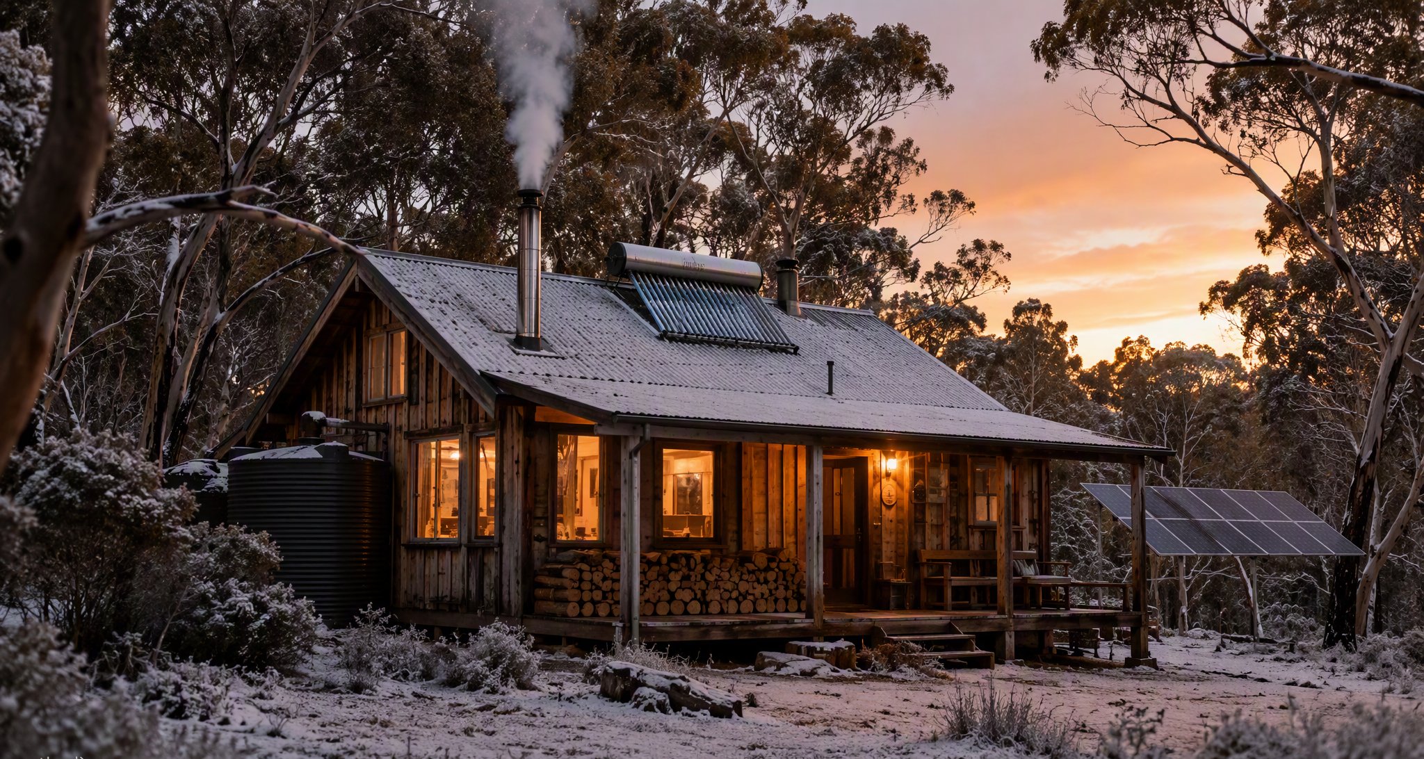 Off-grid timber cabin at frosty dusk with glowing windows, woodsmoke from a stainless flue, evacuated solar tubes and a PV array on the roof, firewood stacked under the verandah
