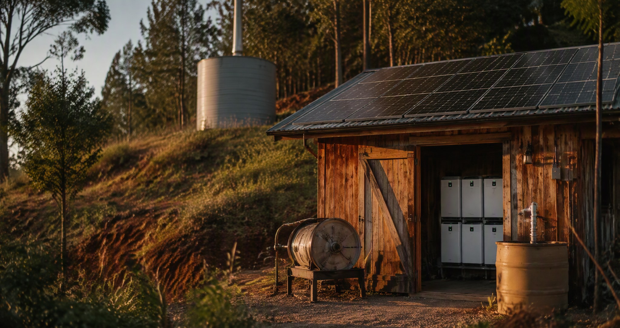 Jars of golden homebrew biodiesel settling on a timber workbench in a farm shed, with a steel jerry can, drum pump and old tractor engine behind