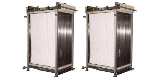 Two hollow-fibre ultrafiltration membrane modules in stainless frames, the consumable heart of an MBR plant