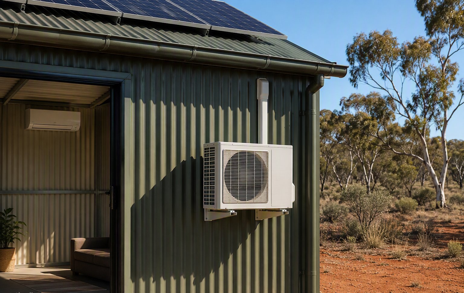 Mini-split condenser mounted on the shaded wall of an off-grid shed, indoor wall unit visible through the open door, solar panels on the roof