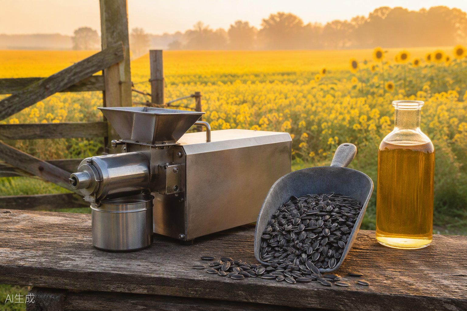 A small stainless steel oil press on a farm bench with sunflower seeds and a bottle of cold-pressed oil, canola field behind
