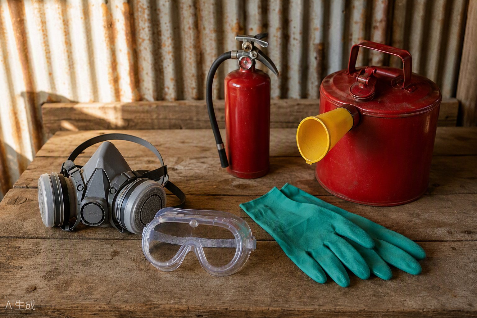 Fuel-safety gear on a shed bench: respirator, sealed goggles, nitrile gloves, ABC fire extinguisher and a red steel safety can