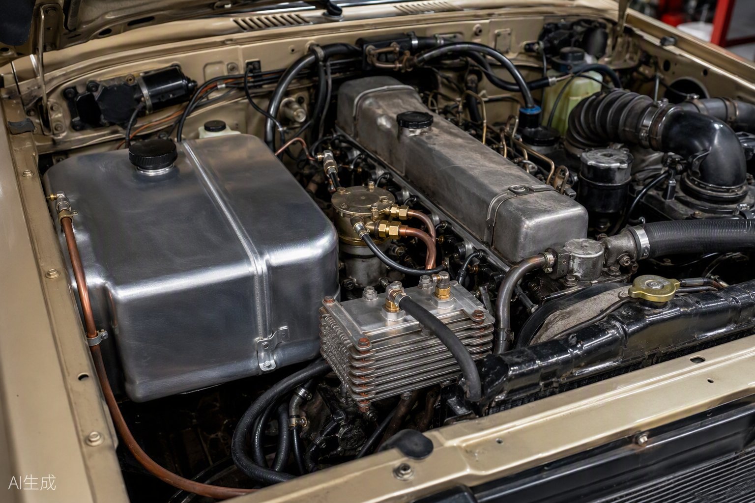 Engine bay of a vintage diesel 4WD with an aluminium second fuel tank and heated fuel lines for vegetable oil