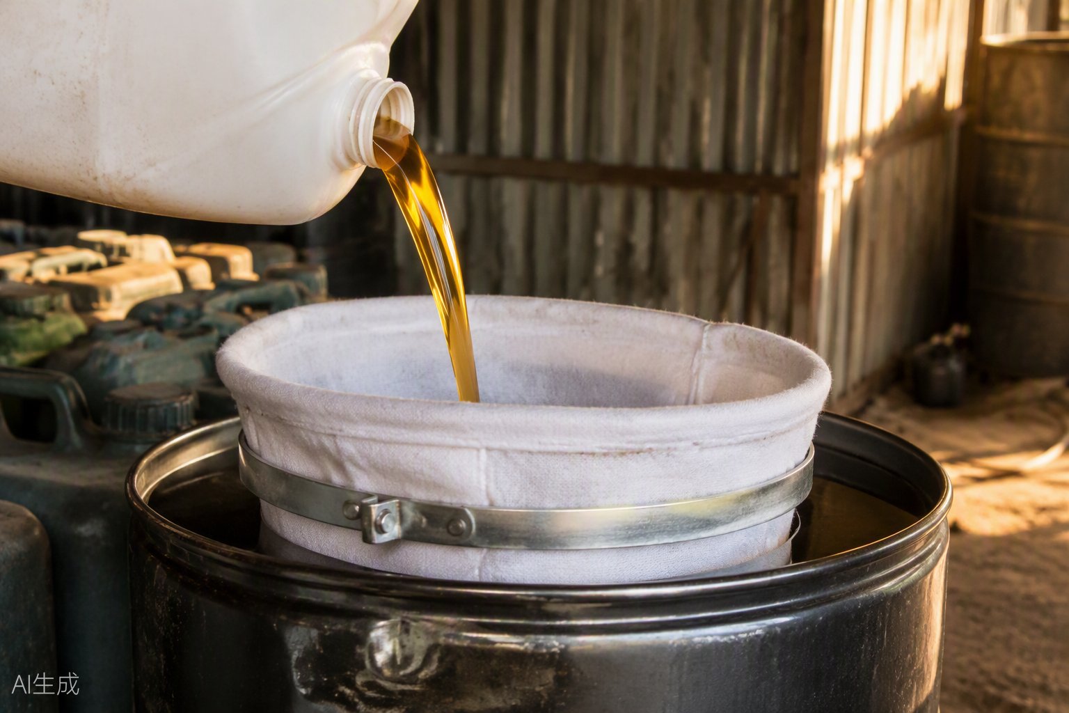 Used cooking oil being poured through a felt filter sock into a steel drum in a farm shed