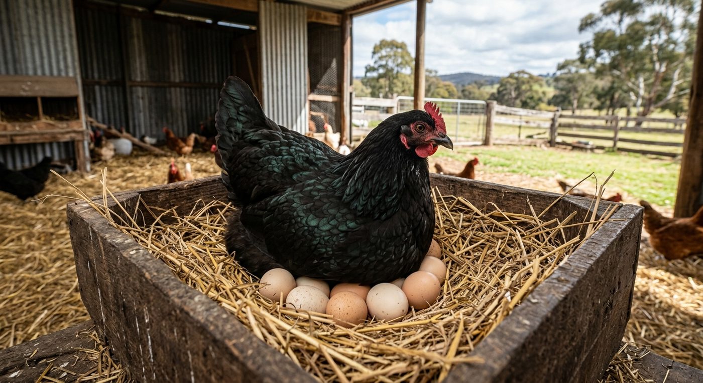 Black hen sitting on a clutch of eggs in a straw-lined wooden nesting box.