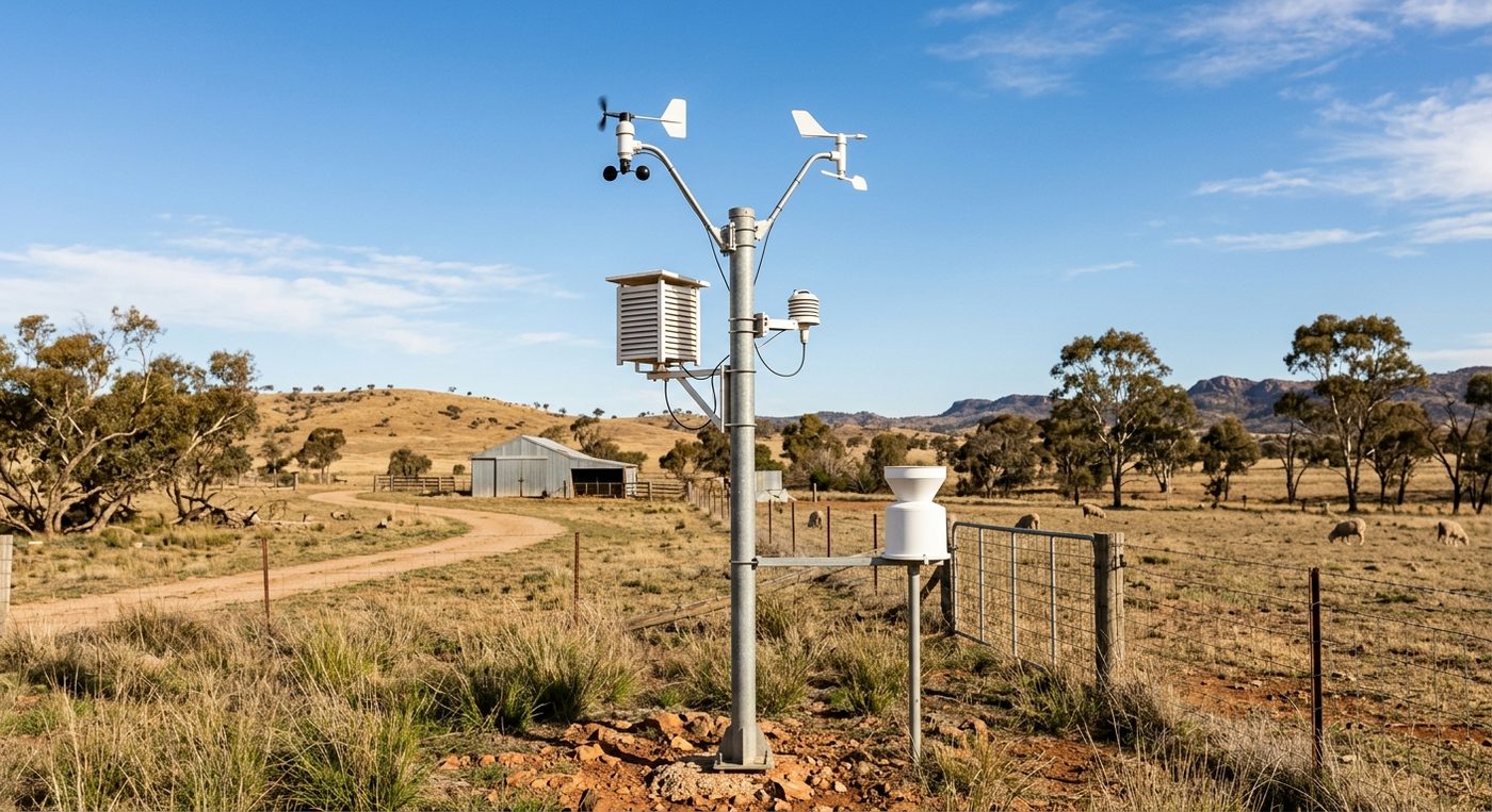 Weather station mast with anemometer, radiation shield, and rain gauge in rural australia.