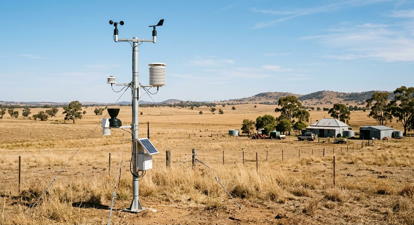 Weather monitoring station with solar panel in dry rural field.