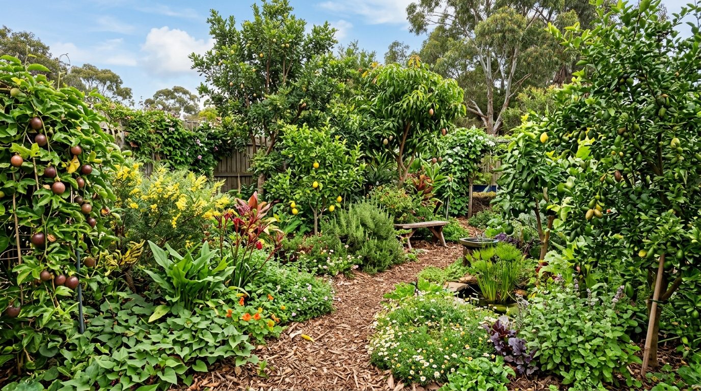 Lush food garden with fruit trees, herbs, and a mulched path.