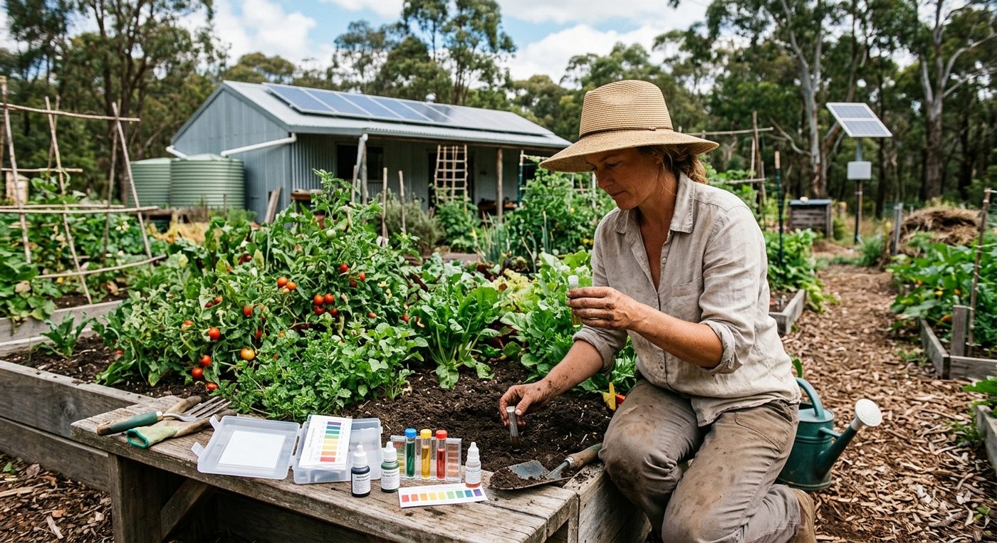 Woman tending vegetable garden beside solar-panelled shed.