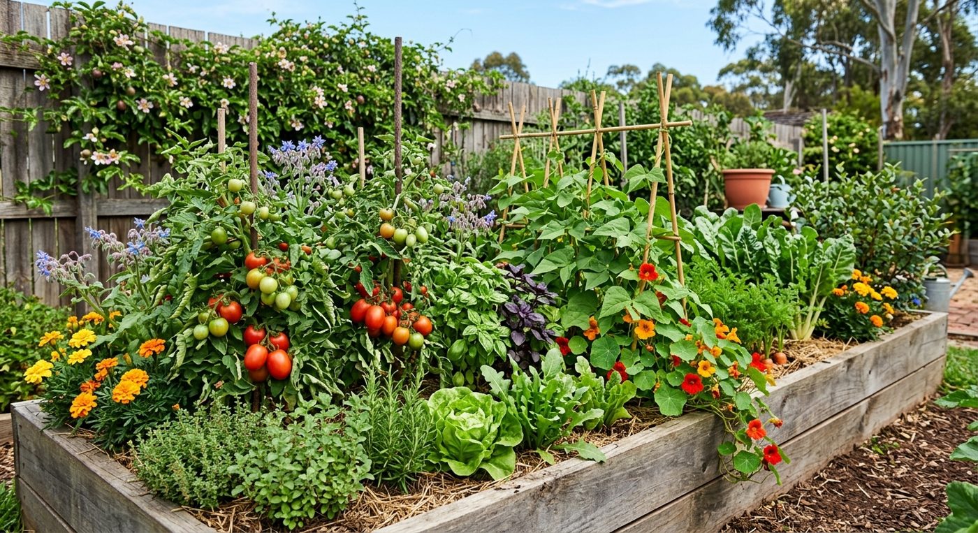 Raised wooden garden bed with tomatoes, lettuce, and flowering plants.