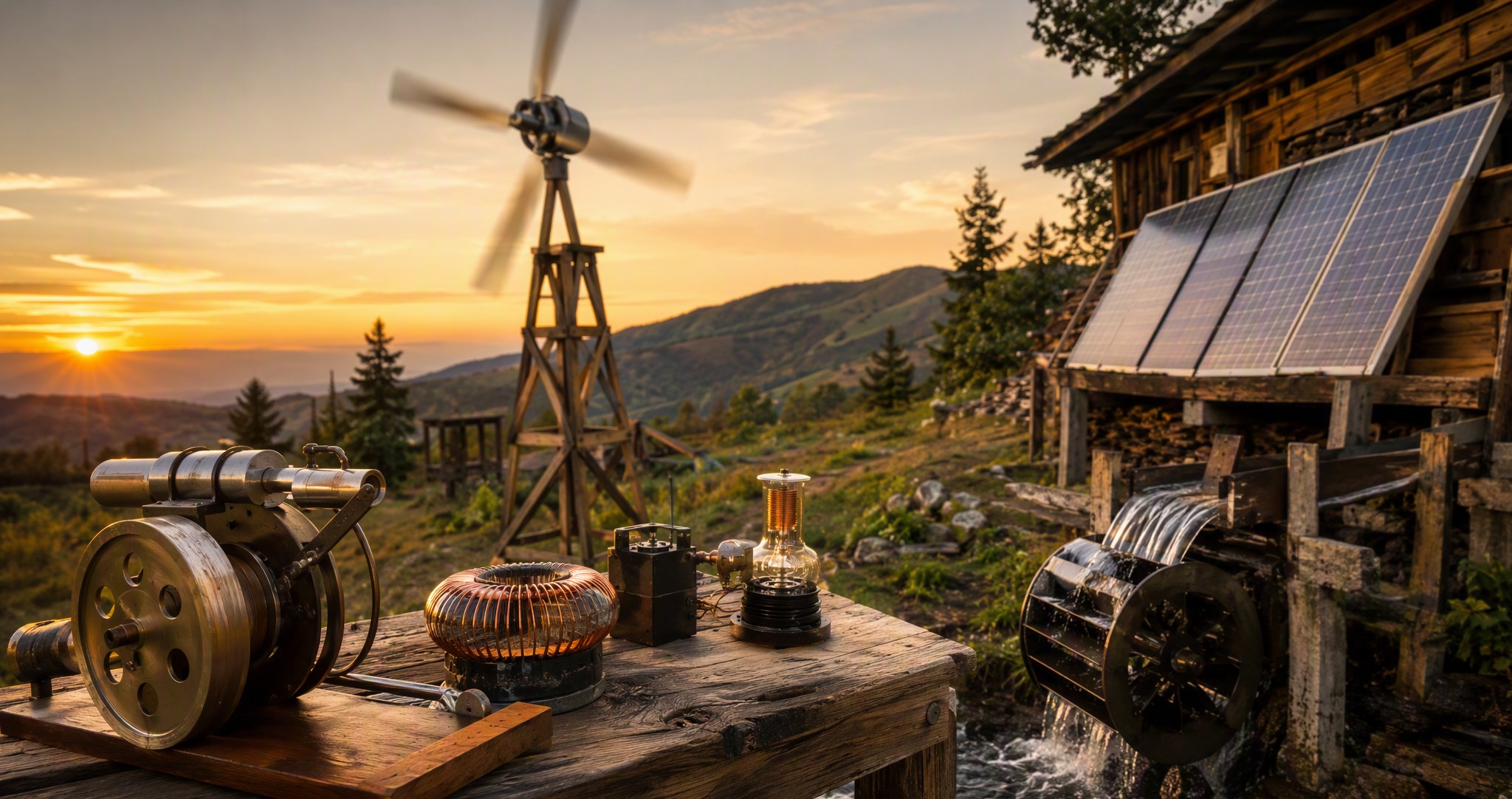A hillside off-grid workshop with a home-built wind turbine, water wheel, solar panels and bench-top engines at sunset