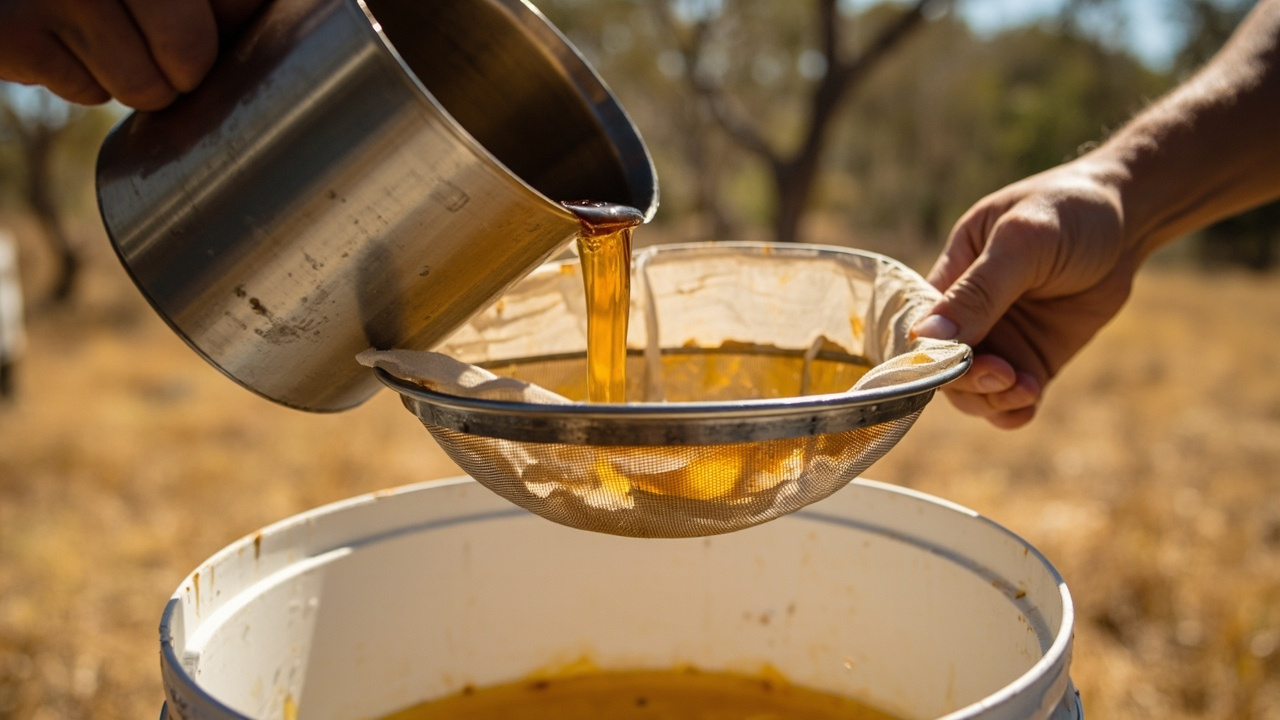 Filtering: Strain the Grit — Honey Processing: Off-Grid Aussie Style