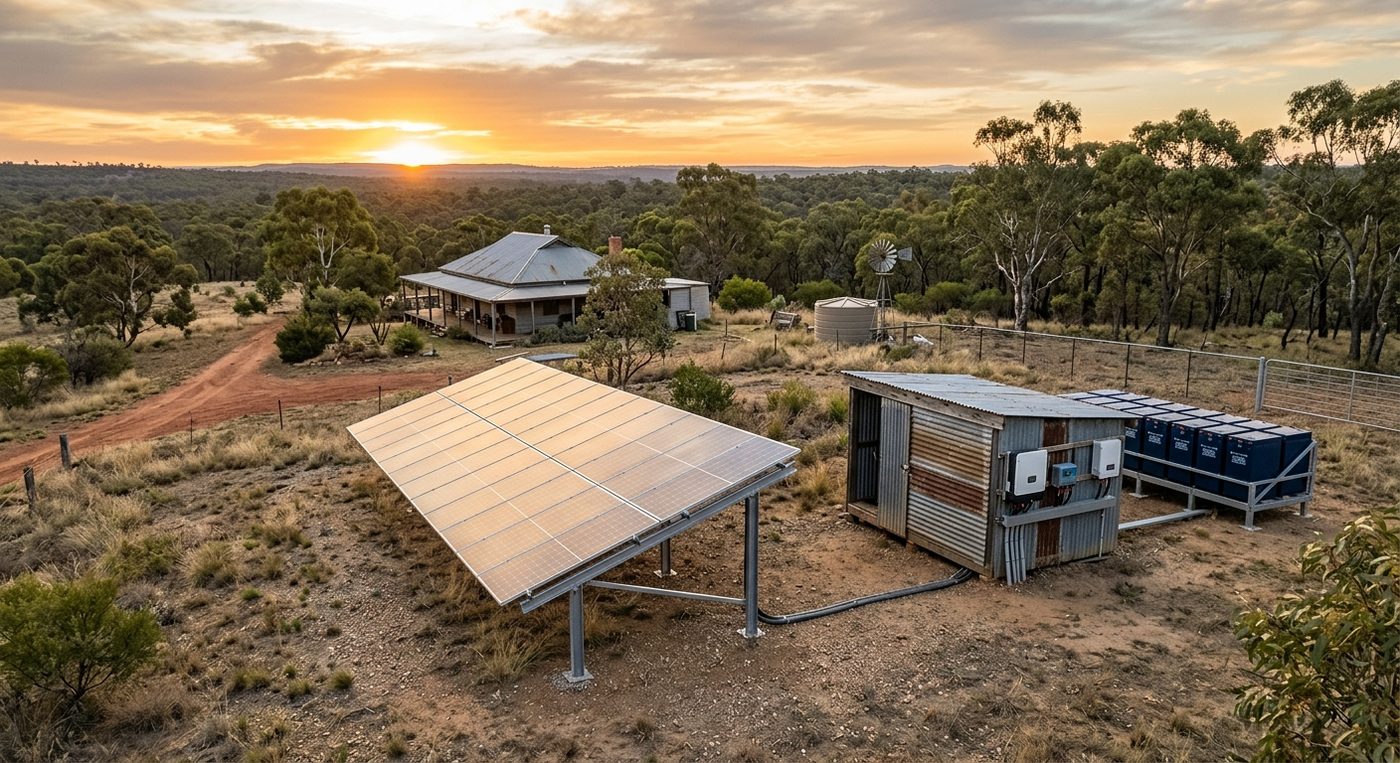 Ground-mount solar array beside inverter shed and battery bank at sunset on an off-grid property