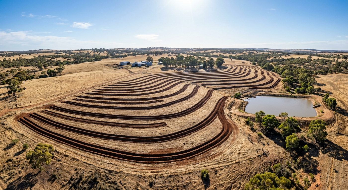 Aerial view of terraced contour earthworks, a dam, and rural australian land.