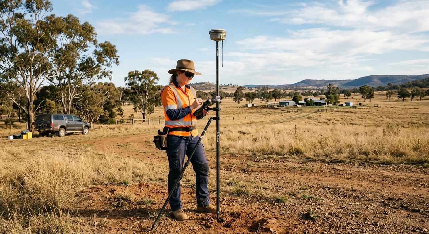 Person using gps survey pole in rural australian field.