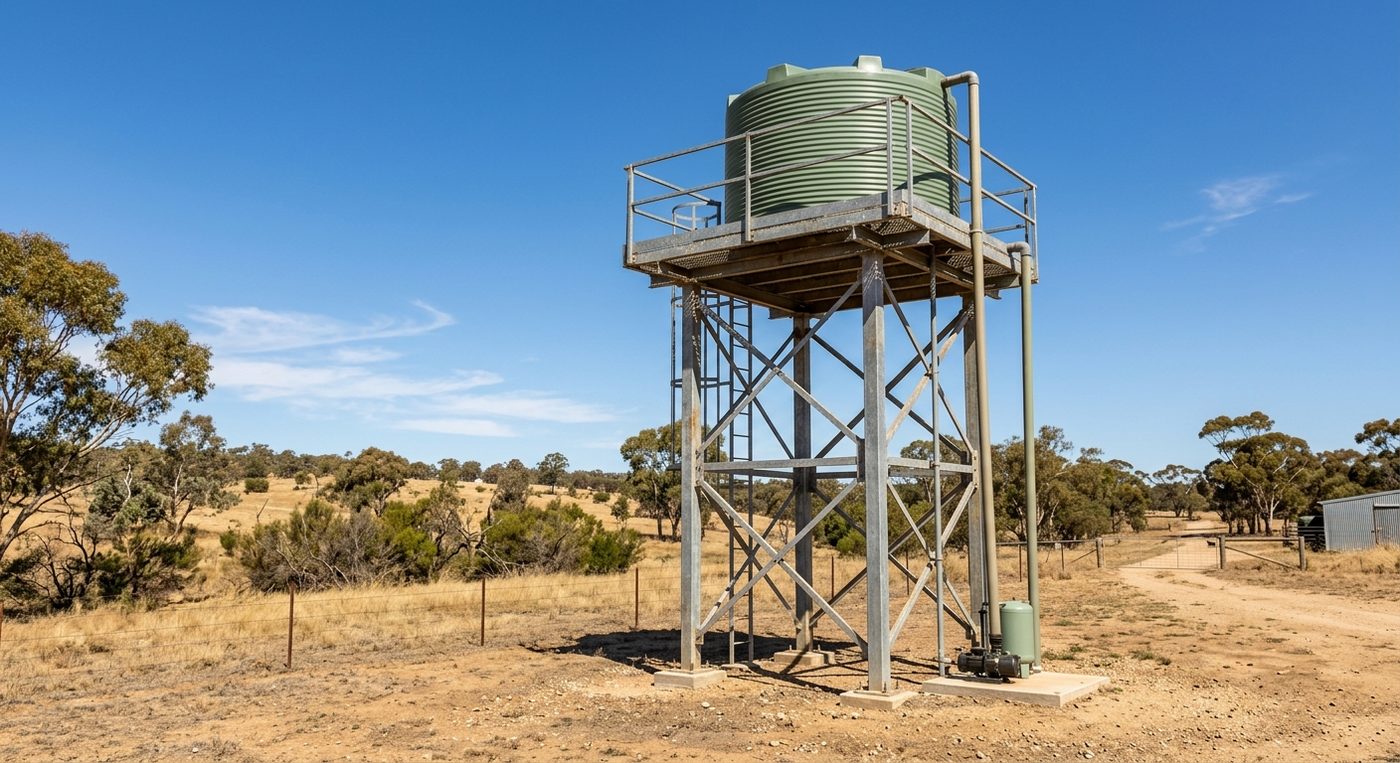 Raised steel water tank on tower in dry rural australian landscape.