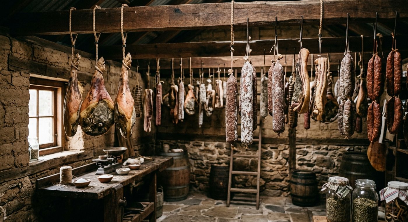 Cured meats and sausages hanging in a rustic stone-walled curing room.