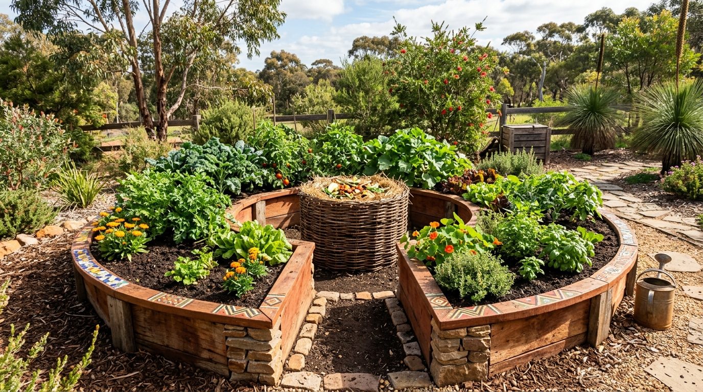 Circular raised vegetable garden beds with a central wicker compost bin.