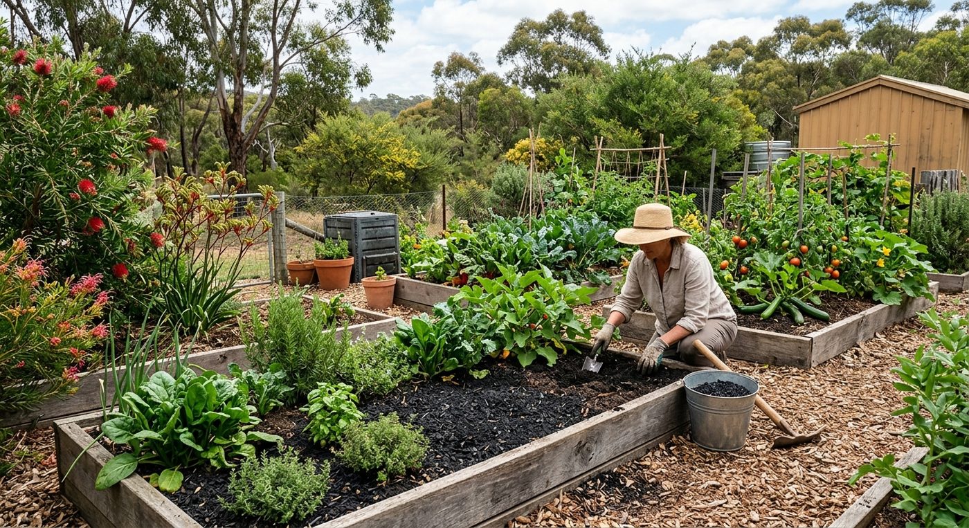 Person kneeling in raised garden bed tending leafy vegetables and herbs.
