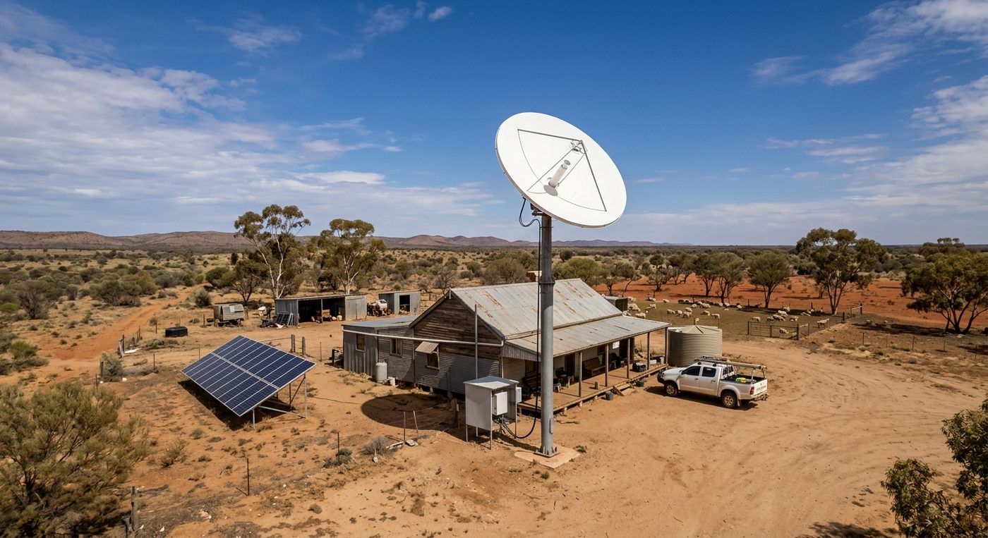 Aerial view of rural off-grid homestead with solar array and satellite dish.