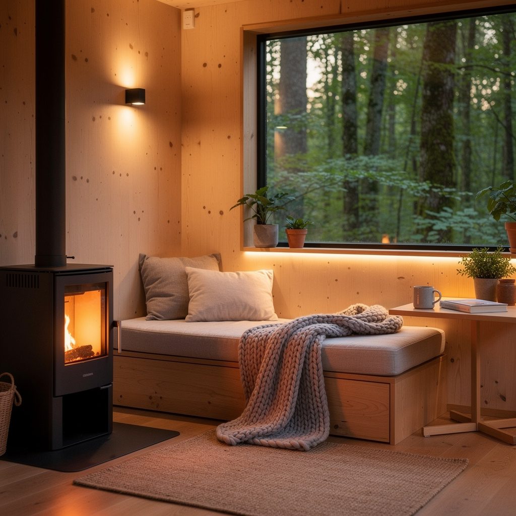 Built-in timber daybed with storage drawers beside a wood stove