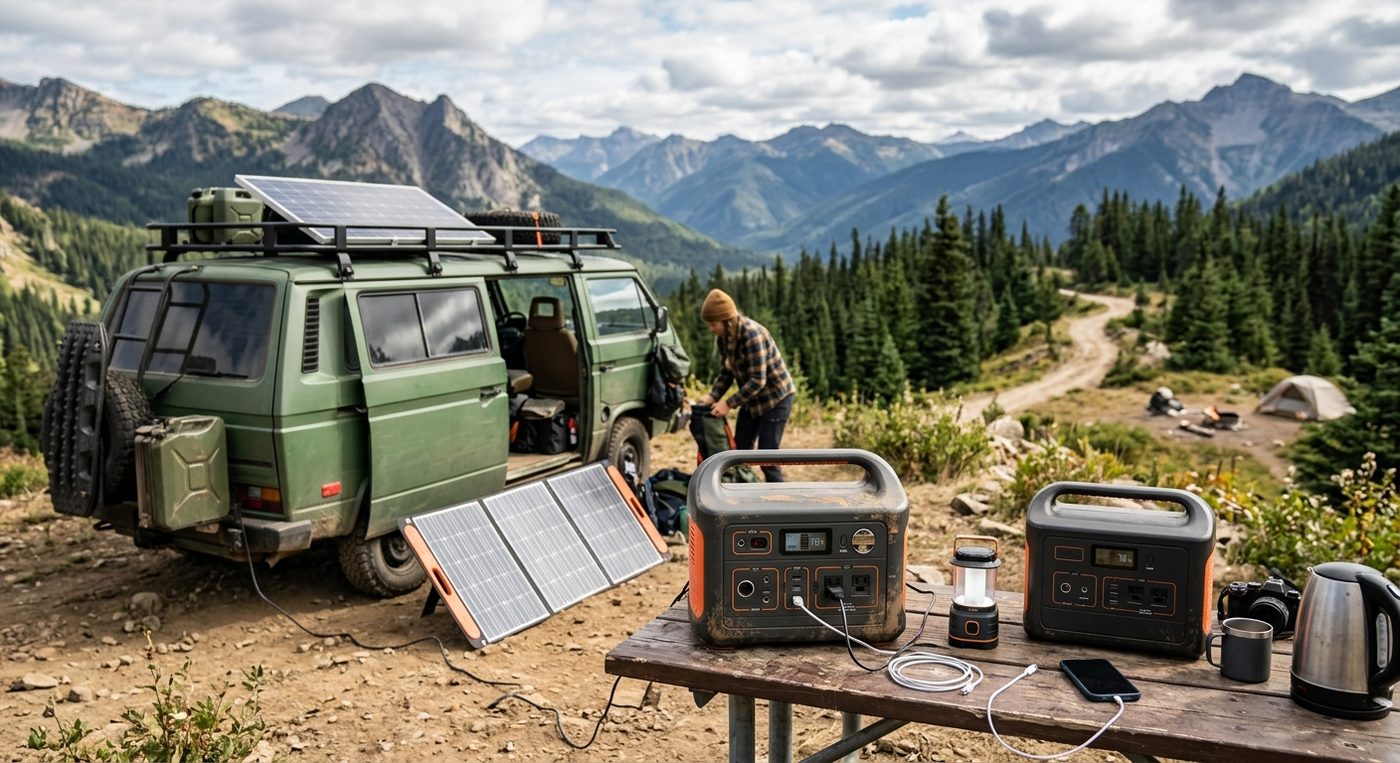 Green van with roof and ground solar panels powering portable power stations on a table.