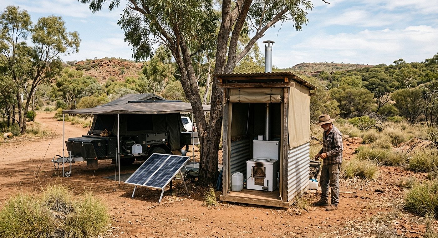 Off-grid bushland camp with iron shed, wood stove, solar panel, and swag.