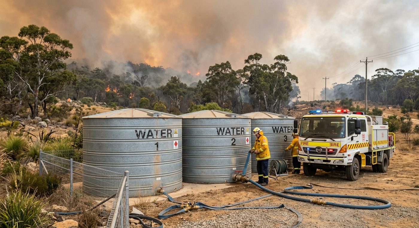 Firefighters connect hoses to water tanks during a bushfire with smoke-filled sky.