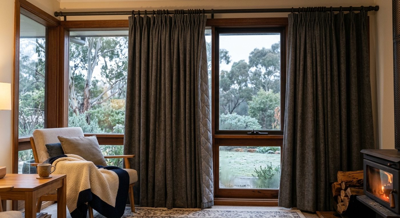 Cozy room with wood stove, armchair, and curtained windows.
