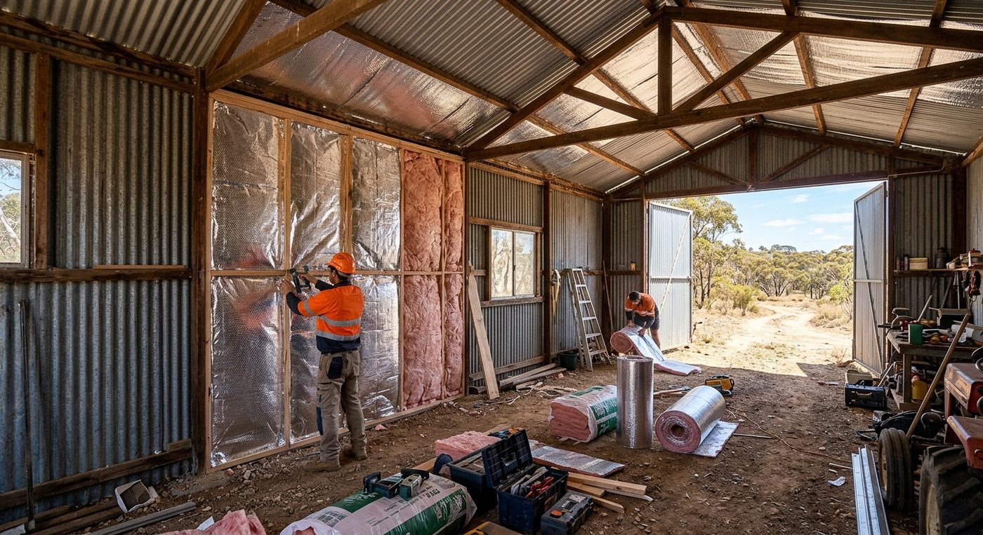 Workers installing insulation and foil in a timber-frame building under construction.