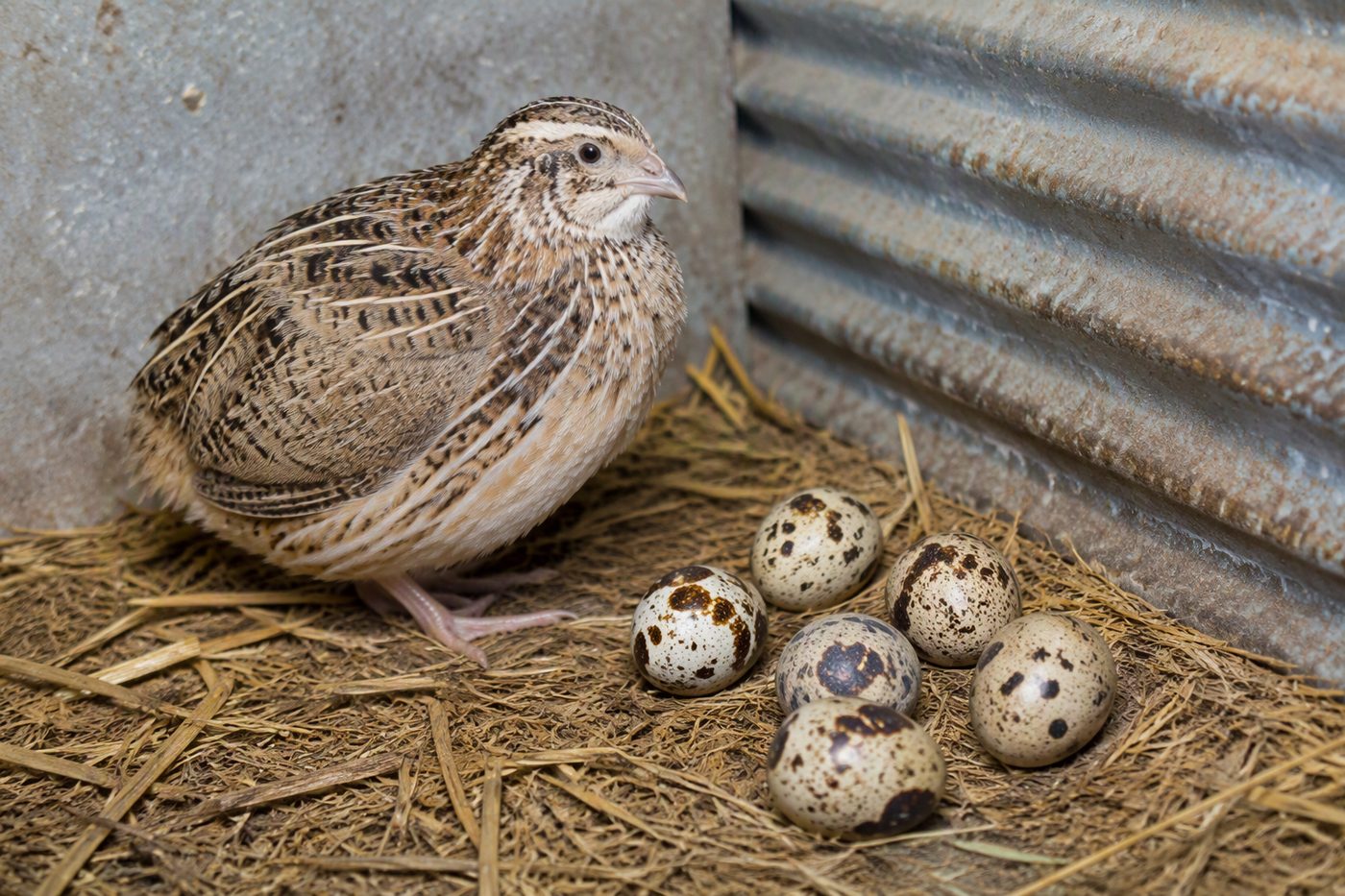 Quail on nest with speckled eggs in a compact pen