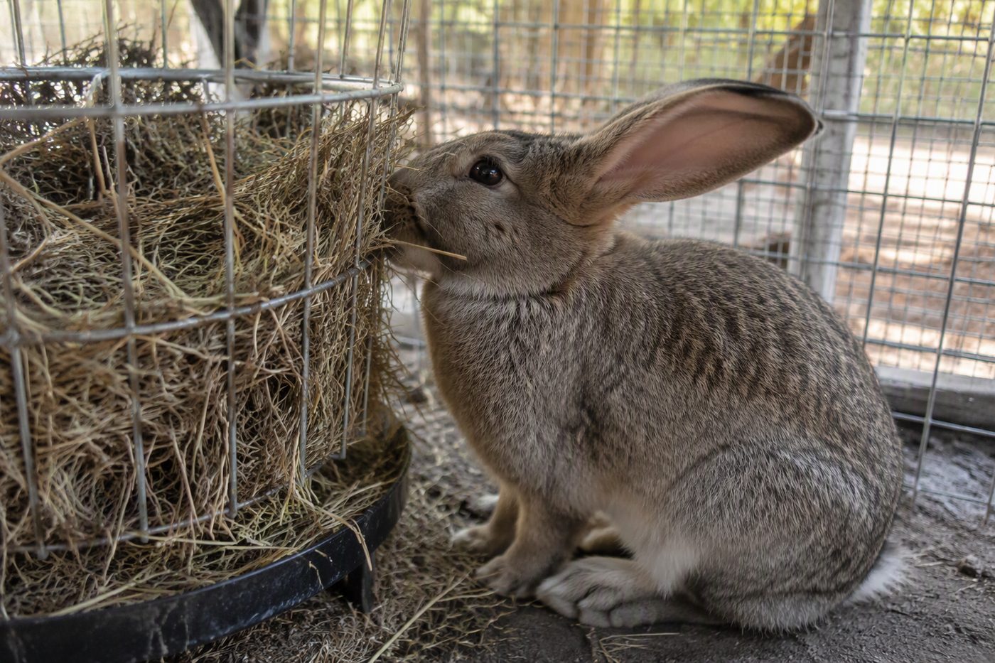 Large breed rabbit feeding from a hay rack