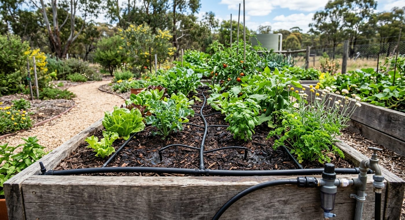 Wooden raised garden bed with leafy greens and irrigation tubing plus valve fitting.