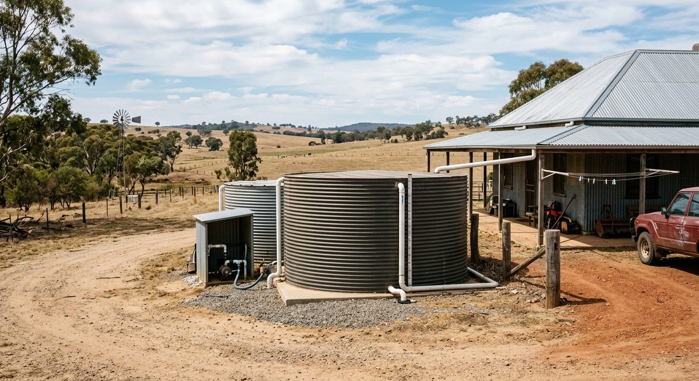 Two corrugated rainwater tanks with pump unit beside rural shed and ute.