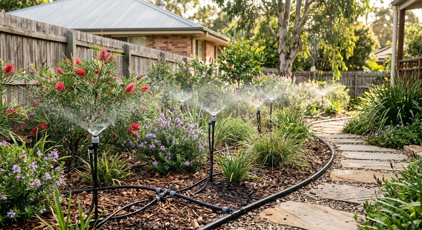 Pop-up sprinklers watering a garden bed with black irrigation tubing.