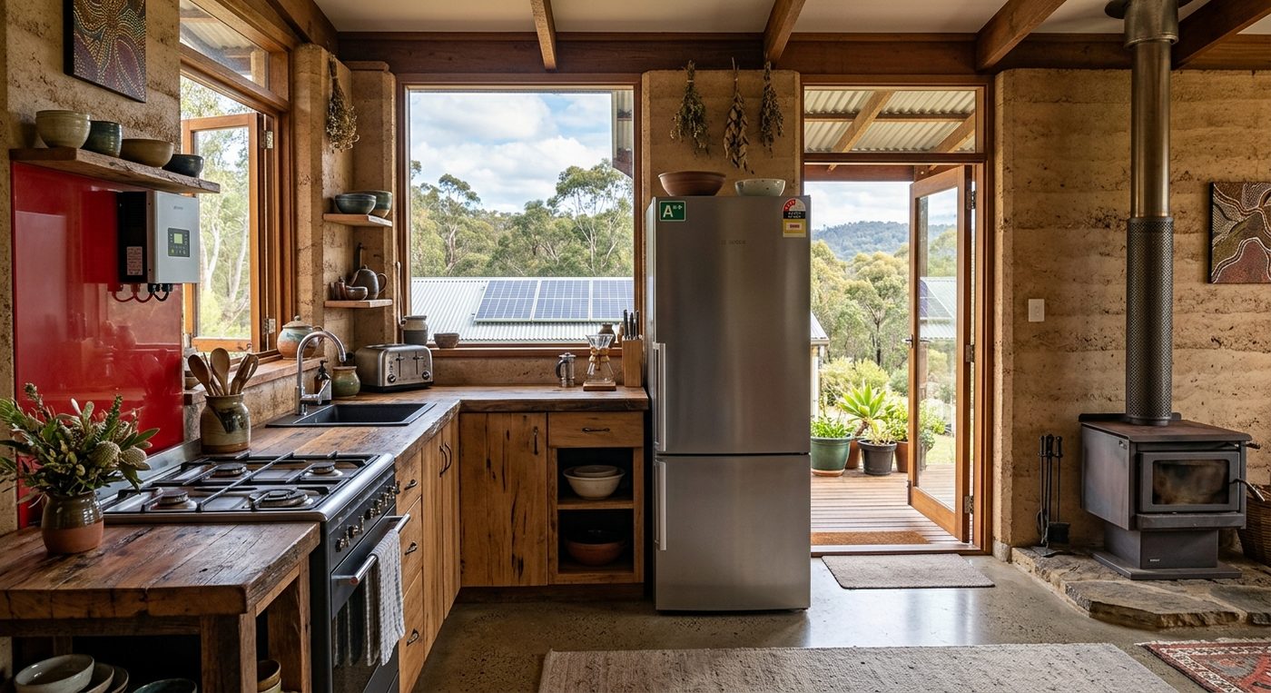 Rustic kitchen with ram earth walls, wood stove, and solar panel view.