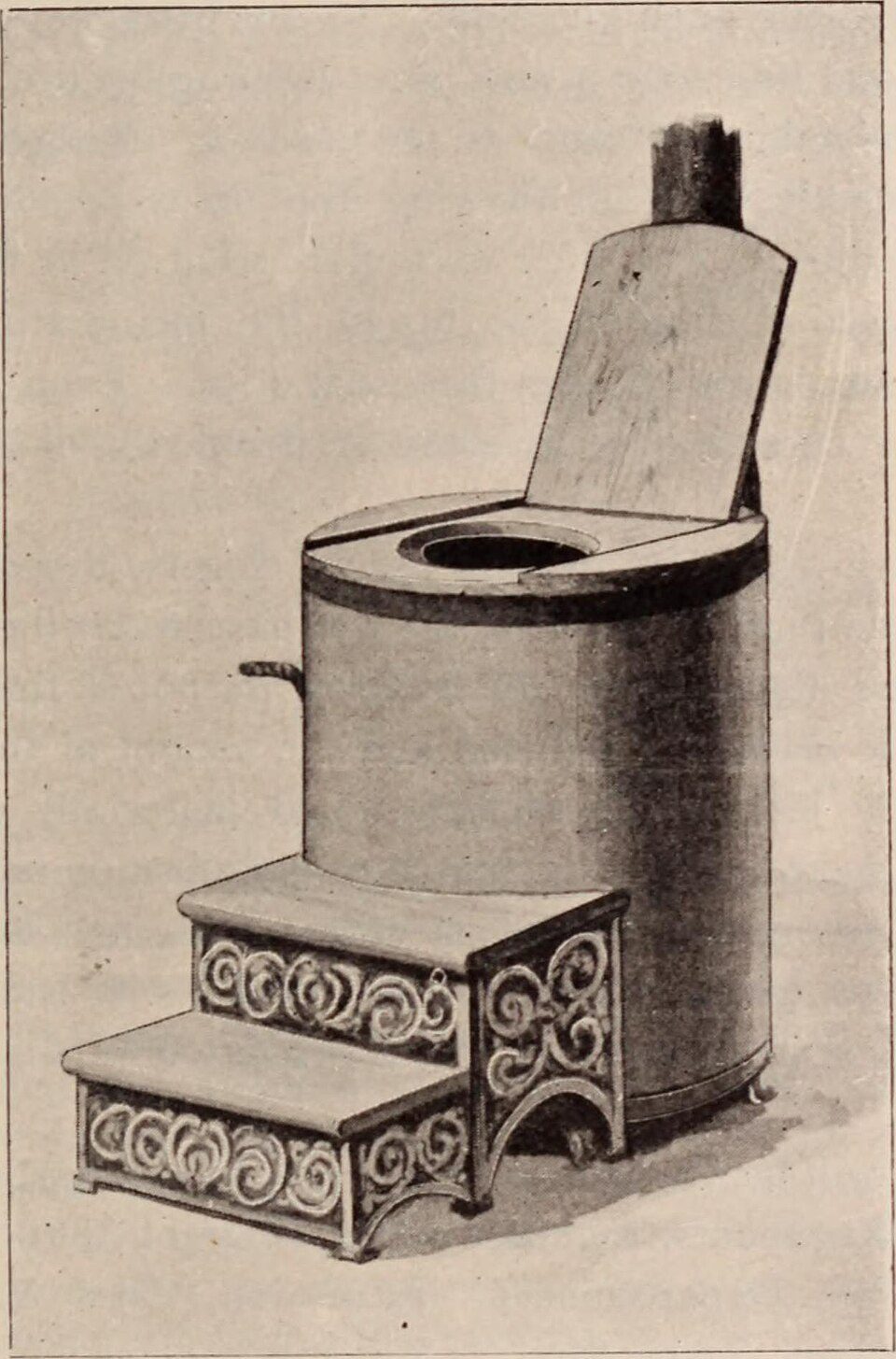 Historical engraving of a cylindrical toilet with steps.