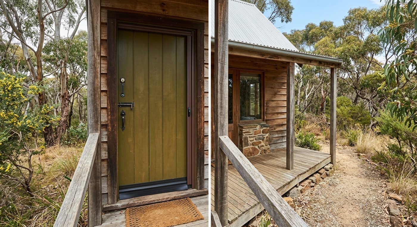 Split photo of a small timber cabin with green door and verandah in bush.