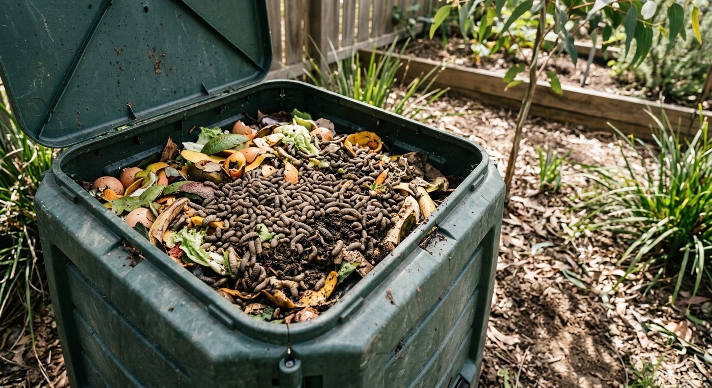 Green compost bin filled with food scraps and worms in a garden.