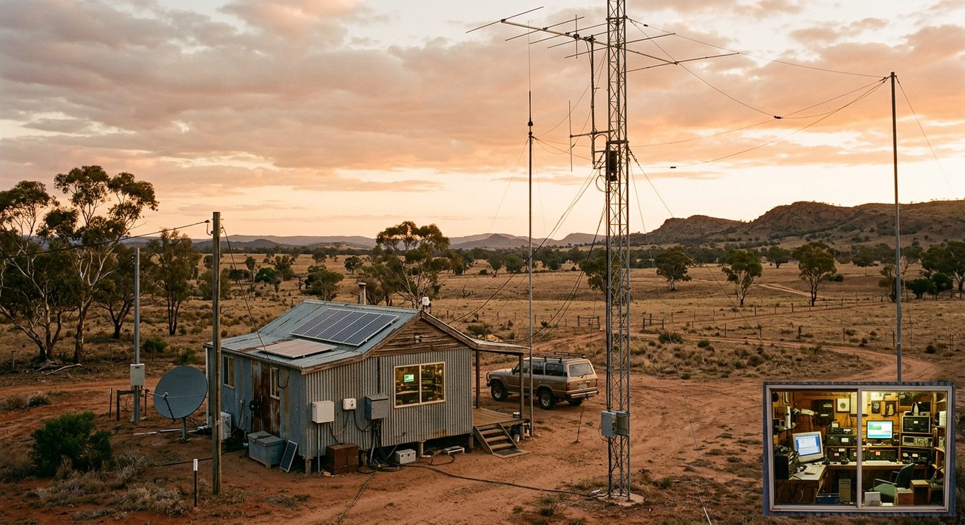 Remote outback shed with solar panels, radio antenna mast, and inset radio shack.
