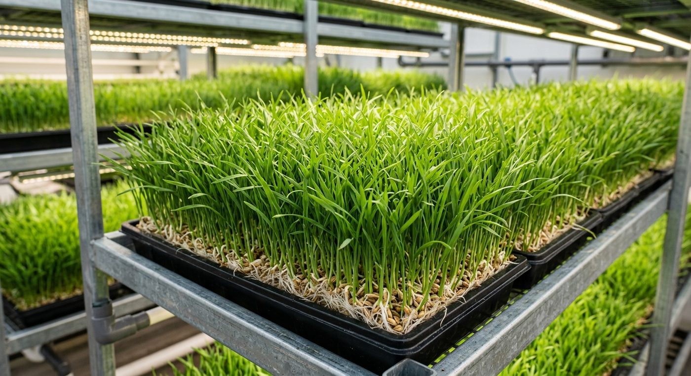 Trays of green sprouts growing under led lights on shelves.