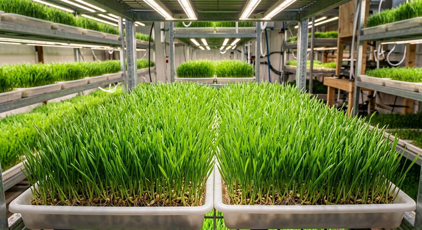 Trays of green sprouts growing under indoor led grow lights.