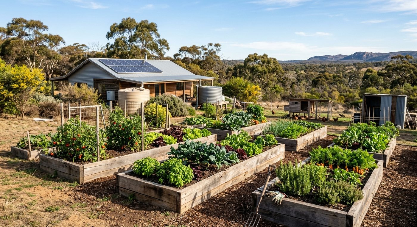 Raised vegetable garden beds in front of a solar-panelled rural homestead with water tanks.
